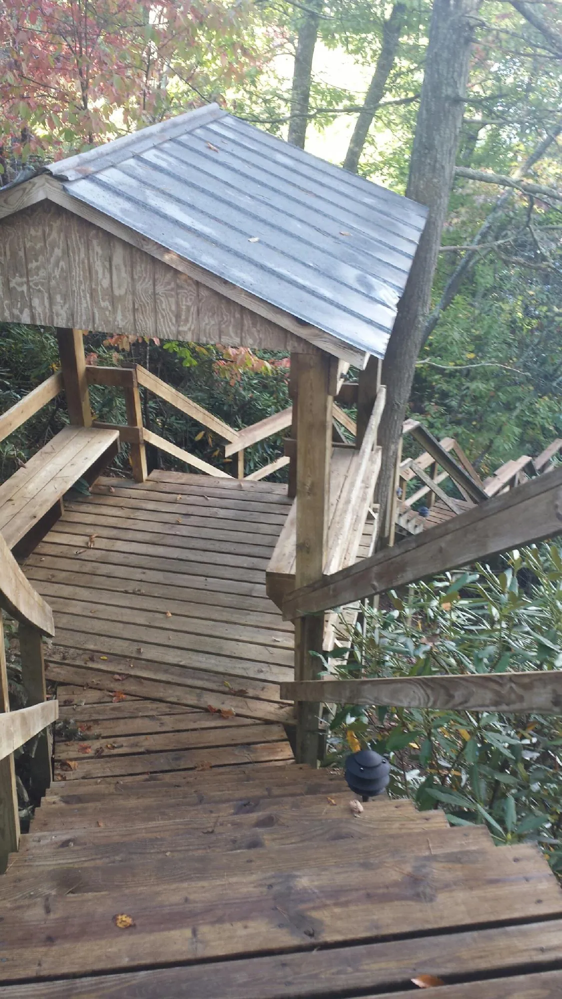 Metal roofed shelter over wooden steps on a wooded walkway — Skylight Repair & Installation work by our crew in Kennewick